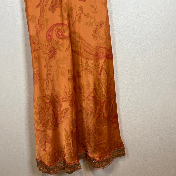 Whimsical 90s Y2K Midi Slip Dress Size M Paisley Satin Sequin Mesh Trim Orange - Picture 11 of 11